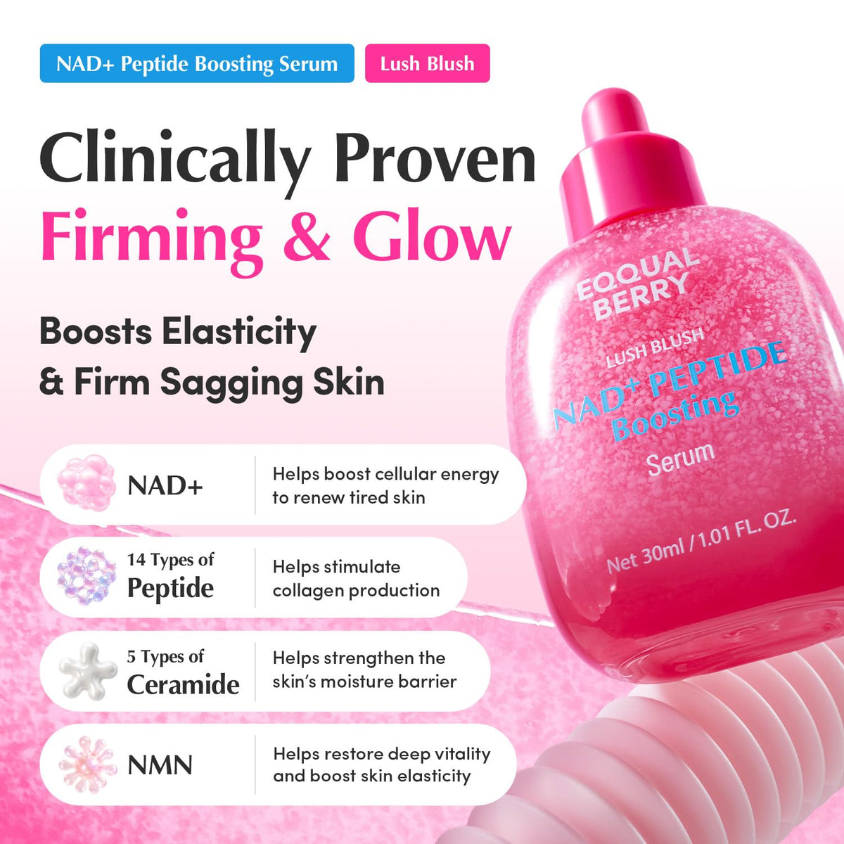 EQQUALBERRY NAD+ Peptide Boosting Serum | 14 Peptide Serum for Face, Neck & Body | Vegan Collagen & Pink Serum for Anti-Aging, Firming & Lifting | Korean Skincare (1.01 oz / 3
