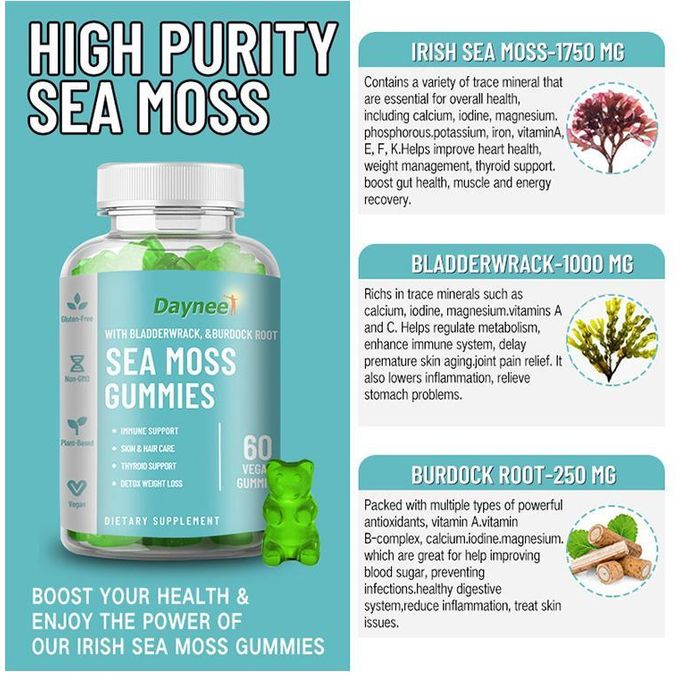 Sea Moss Gummies - Irish Sea Moss, Bladderwrack,Burdock - Thyroid Support